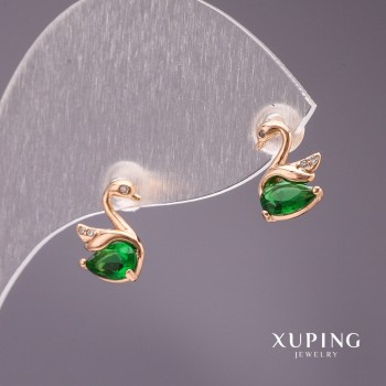 أقراط Xuping دبوسية بشكل بجعتين بحجر لون أخضر 10x7mm مطلية بالذهب 18 قيراط